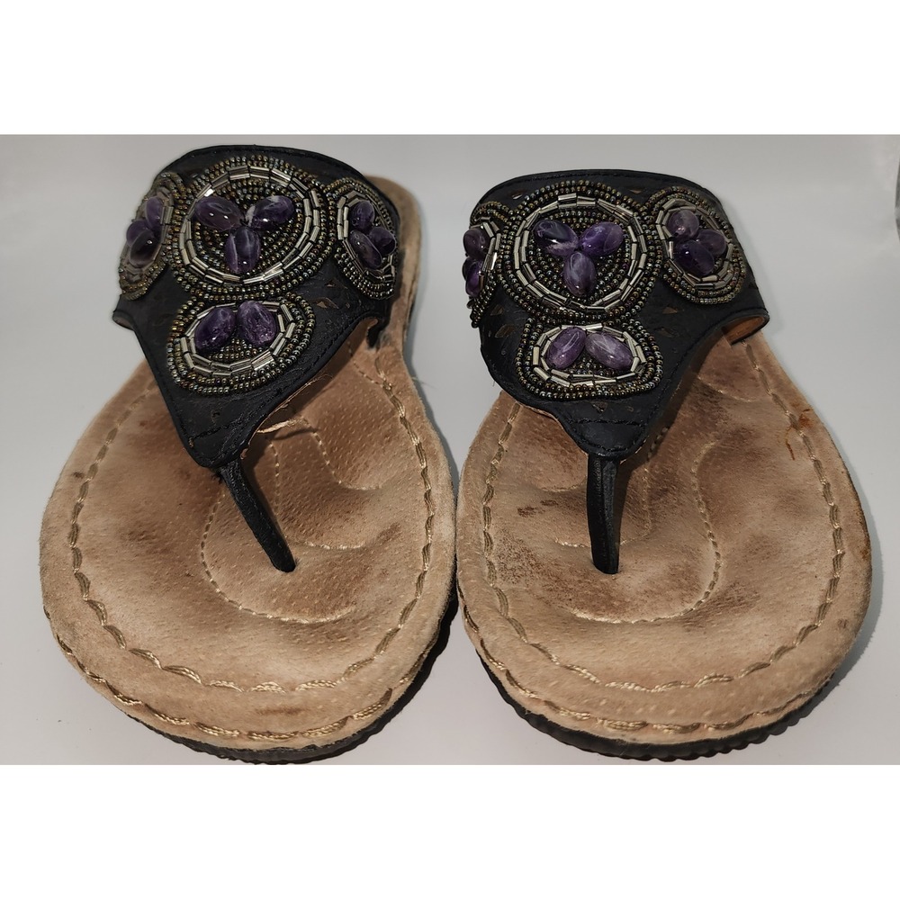 Clarks Artisan Black Leather Beaded Thong Wedge Sandals Purple Stone 6M